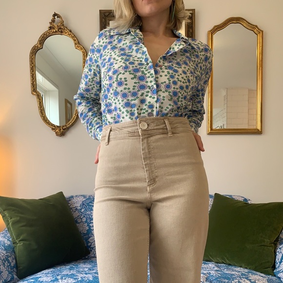 🇬🇧 60s 70s Vintage Flower Power 🌼Blouse Floral Button up Shirt Blue Green M/L - Picture 5 of 10